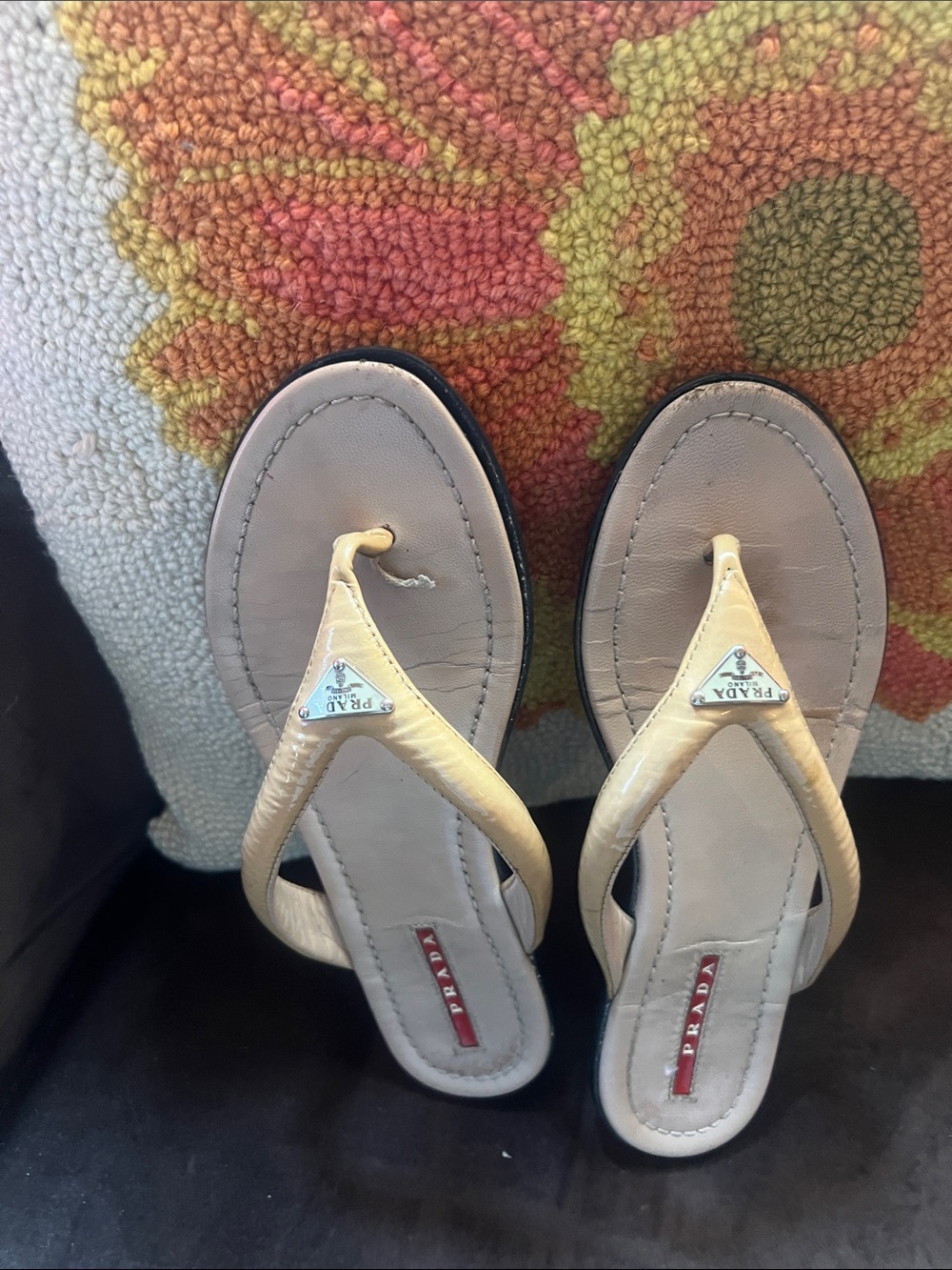 Prada Yellow Leather Thong Sandals with Logo Triangle
